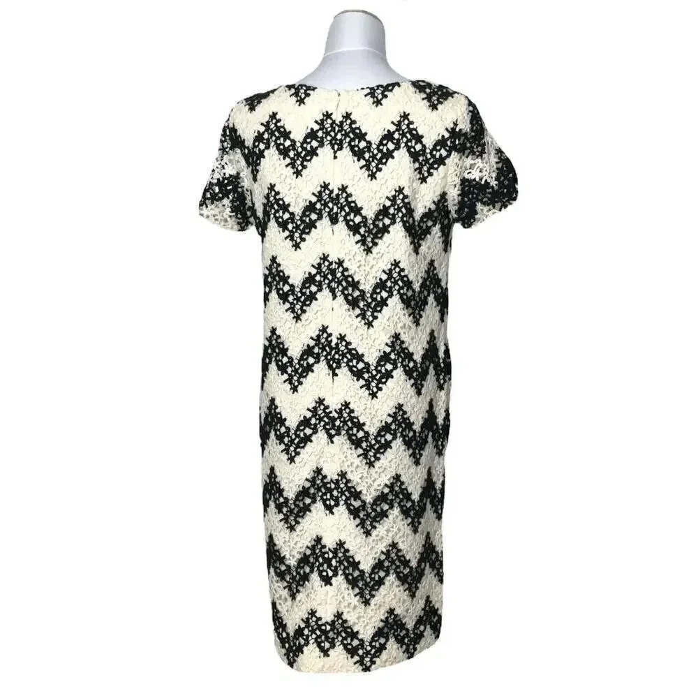 Talbots Sheath Dress Sz 6 Crochet White Black Chevron Short Sleeve Lined Modest - Picture 2 of 8